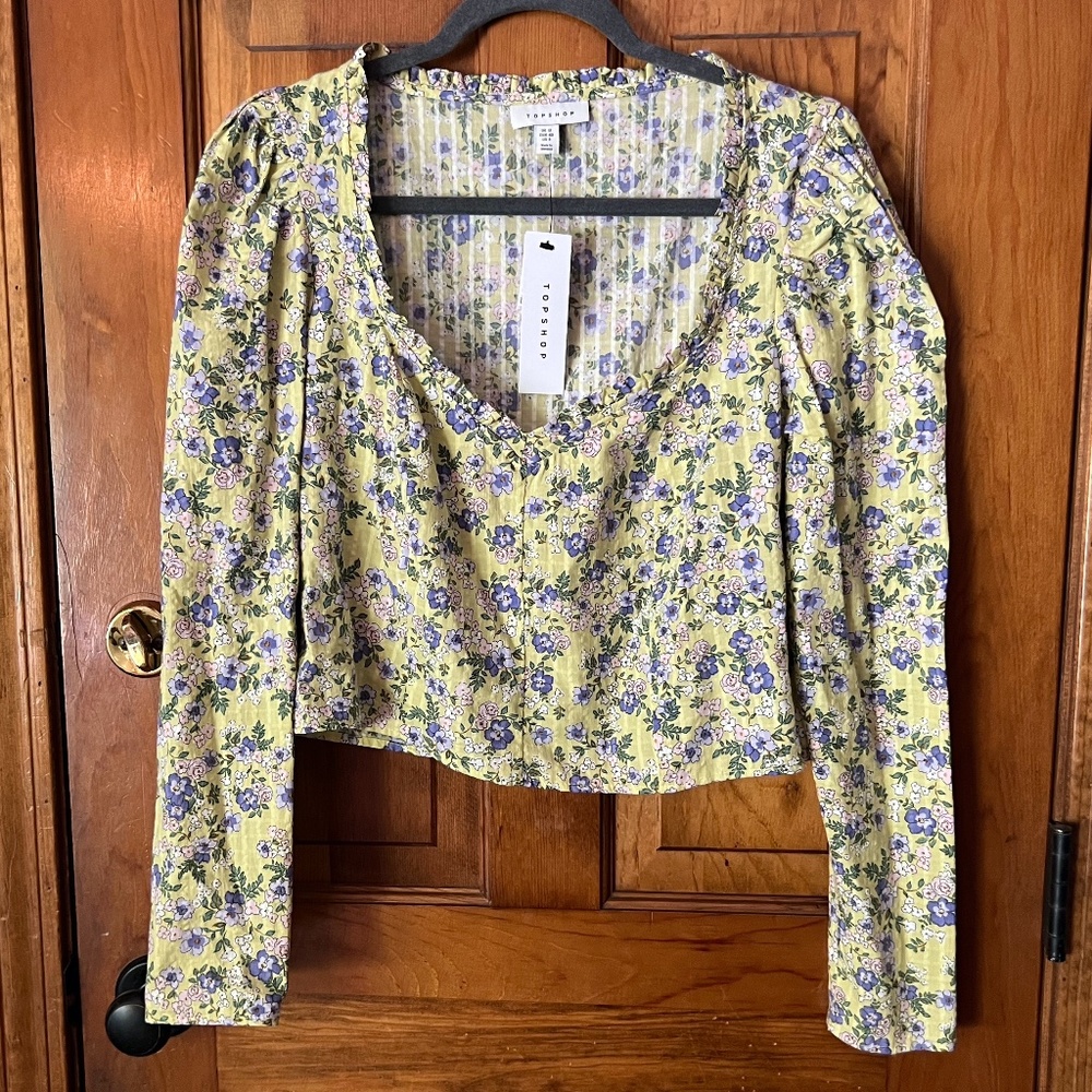 NWT Topshop long sleeve crop top green floral size UK 12 US 6